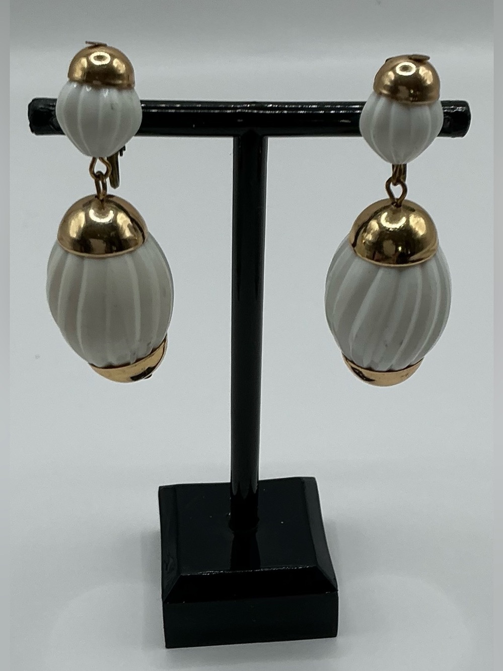 VINTAGE MADE IN GERMANY GOLD AND WHITE DROP CLIP BACK EARRINGS
